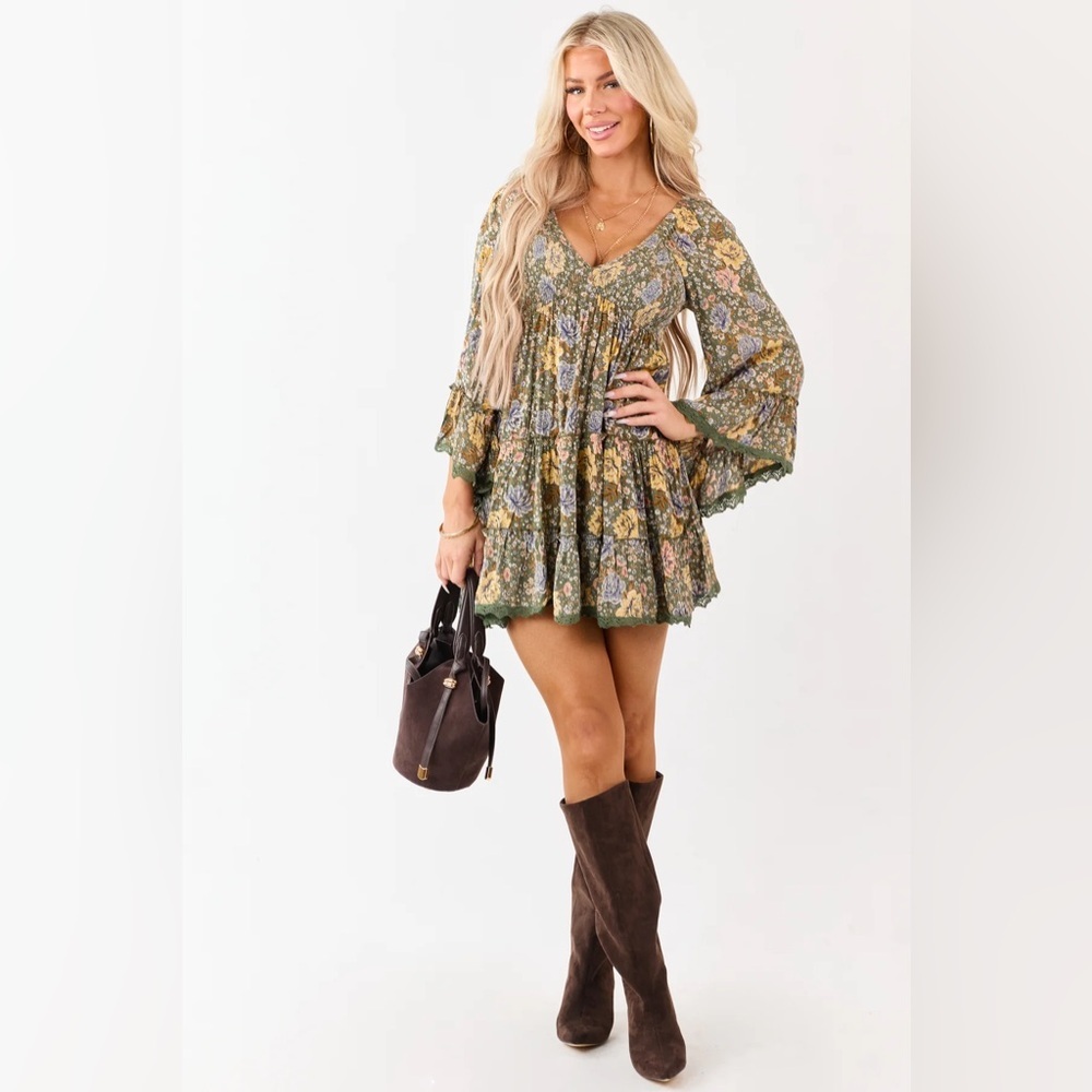 NWT Angie Clothing Boho Bell Sleeve Smocked Mini Dress - Picture 8 of 14